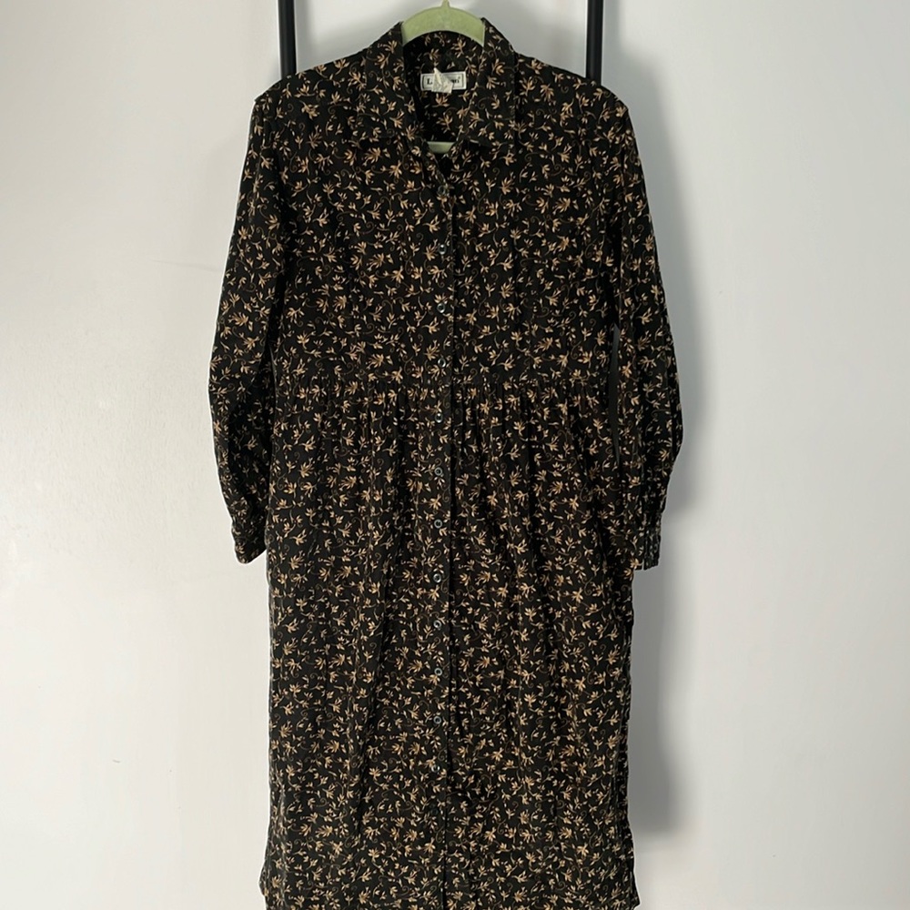Vintage L.L.Bean Green Buttons Down Floral Long Sleeve Dress Women size 10 P